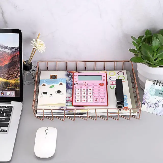 Alt view image 2 of 7 - Multipurpose A4 File Tray Wire Desk Tray Organizer Elegant Letter Size Desk Documents Trays Magazine Files Storage Basket Organizer Bin for Office Cosmetics Bathroom(Rose Gold)