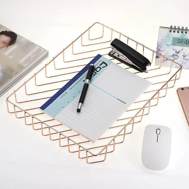 Alt view image 4 of 7 - Multipurpose A4 File Tray Wire Desk Tray Organizer Elegant Letter Size Desk Documents Trays Magazine Files Storage Basket Organizer Bin for Office Cosmetics Bathroom(Rose Gold)
