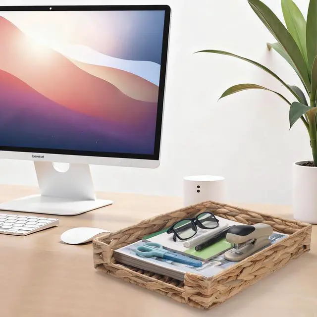 Alt view image 2 of 3 - Water Hyacinth Letter Tray, Wicker Desk Tray, Woven Desk Organizer, A4 Paper, Document, File, Mail, Magazine Storage Basket for Office, Classroom, Home Desktop