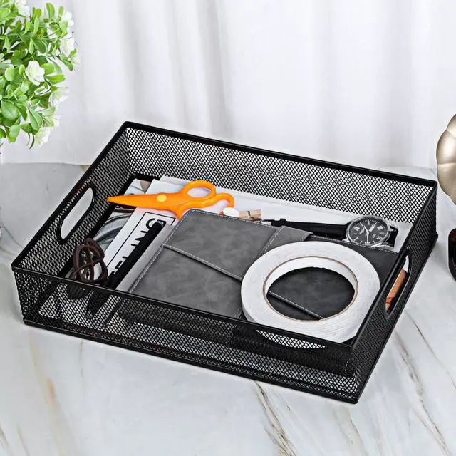 Alt view image 4 of 7 - Desk Drawer Organizer, A4 Large Black Mesh Drawer Organizer Portable Desk Paper Letter Mail Basket Tray Versatile Metal Wire Storage Tray with Handle for Home Office Organizing Supplies, 13 X 9 Inches