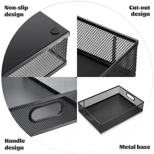 Alt view image 2 of 7 - Desk Drawer Organizer, A4 Large Black Mesh Drawer Organizer Portable Desk Paper Letter Mail Basket Tray Versatile Metal Wire Storage Tray with Handle for Home Office Organizing Supplies, 13 X 9 Inches