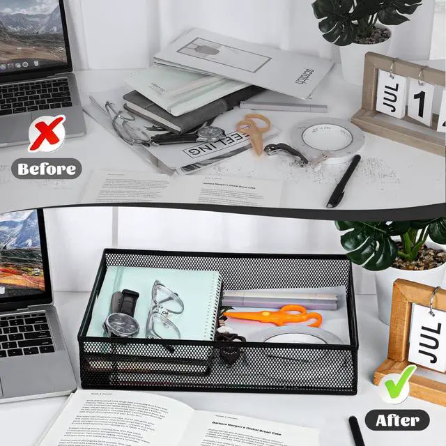 Alt view image 7 of 7 - Desk Drawer Organizer, A4 Large Black Mesh Drawer Organizer Portable Desk Paper Letter Mail Basket Tray Versatile Metal Wire Storage Tray with Handle for Home Office Organizing Supplies, 13 X 9 Inches