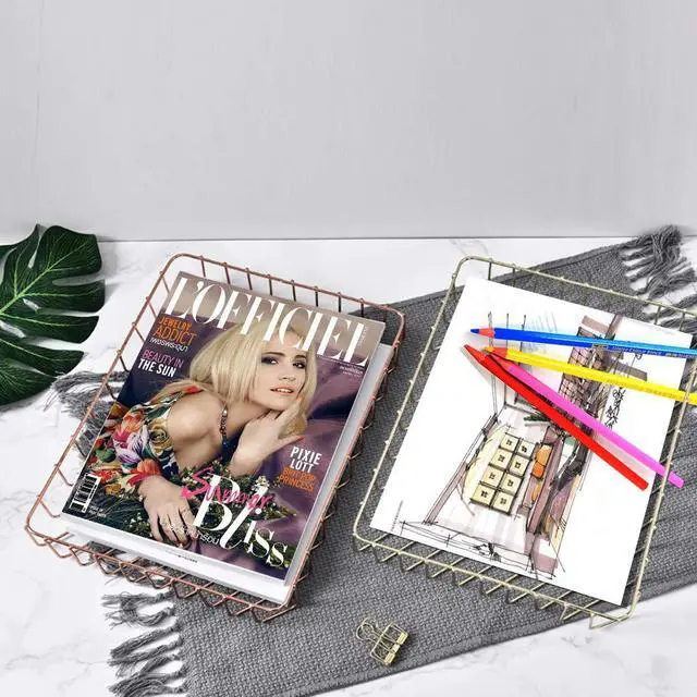 Alt view image 6 of 7 - Paper Organizer for Desk Metal Paper Tray Large Capacity Letter Tray File Holder Mail Inbox Storage Organizer Basket for Office Classroom Desktop,12.5" x 9.4" x 1.9",Gold