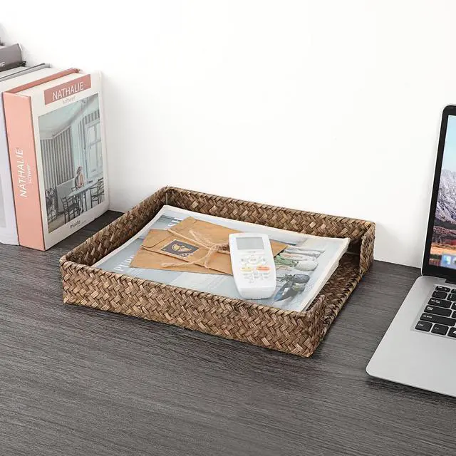 Alt view image 2 of 6 - Multipurpose A4 File Tray Natural Seagrass Desk Tray Organizer Woven Letter Size Desk Documents Trays Magazine Files Storage Basket Organizer Bin for Office Cosmetics Bathroom, Coffee