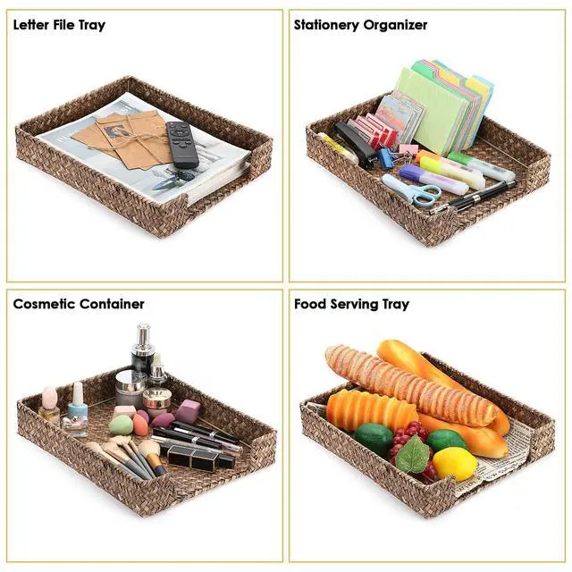 Alt view image 6 of 6 - Multipurpose A4 File Tray Natural Seagrass Desk Tray Organizer Woven Letter Size Desk Documents Trays Magazine Files Storage Basket Organizer Bin for Office Cosmetics Bathroom, Coffee