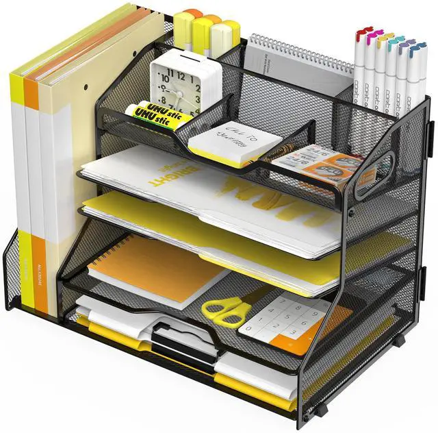 Main image of 5 Tier Paper Tray Letter Organizer with Top 6 Adjustable Compartments and File Holder - Paper Sorter Office Desktop Accessories with Handles for Document,Mail,School Supplies Storage,Black