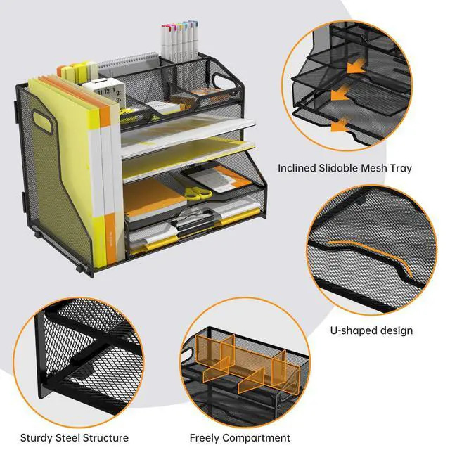 Alt view image 5 of 7 - 5 Tier Paper Tray Letter Organizer with Top 6 Adjustable Compartments and File Holder - Paper Sorter Office Desktop Accessories with Handles for Document,Mail,School Supplies Storage,Black