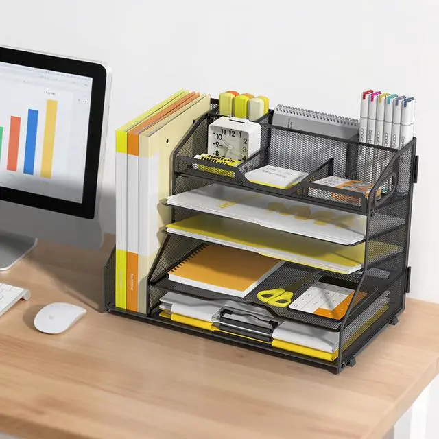 Alt view image 6 of 7 - 5 Tier Paper Tray Letter Organizer with Top 6 Adjustable Compartments and File Holder - Paper Sorter Office Desktop Accessories with Handles for Document,Mail,School Supplies Storage,Black
