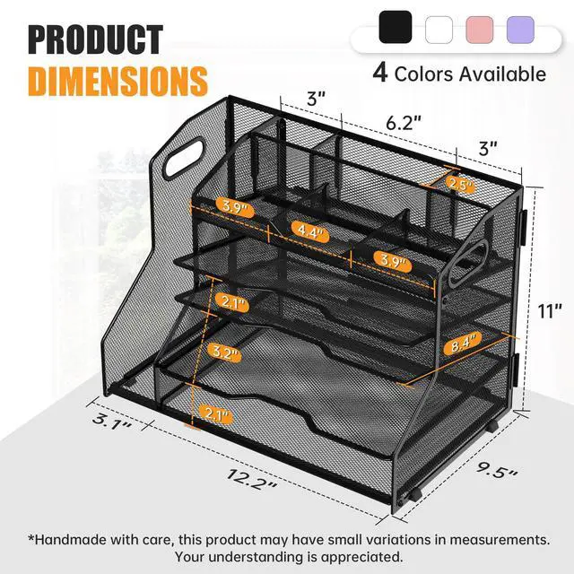 Alt view image 3 of 7 - 5 Tier Paper Tray Letter Organizer with Top 6 Adjustable Compartments and File Holder - Paper Sorter Office Desktop Accessories with Handles for Document,Mail,School Supplies Storage,Black