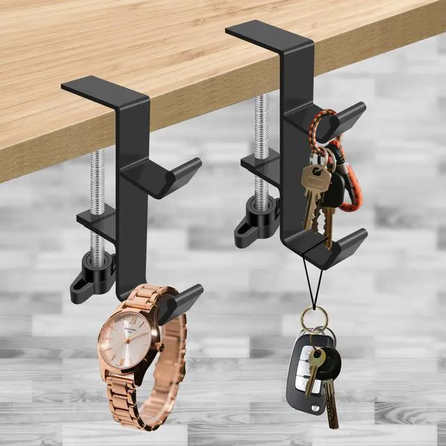 Alt view image 7 of 7 - Desktop Hook Under-Table Handbag Hanger Wallet Hook Simple for Holiday Decoration Desktop Backpack Rack Headphone Hanger 2-Piece Pack Double Hook (Black)
