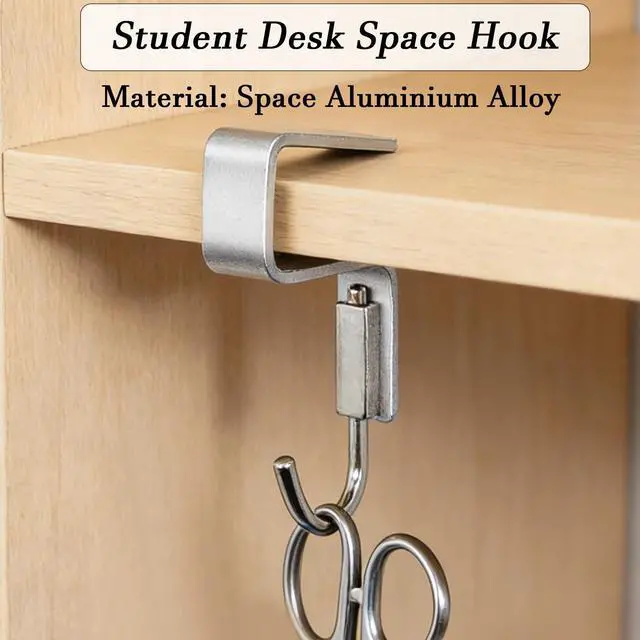 Alt view image 4 of 7 - 2 Pcs Desk Hook, Student Desktop Nail-Free Hook, Under Table Hook for Schoolbag, Space Aluminium Alloy, Hanger Hooks for Bag Purse Clothes Backpack Holder, Suitable for 2.5 cm/0.98" Thick Plate