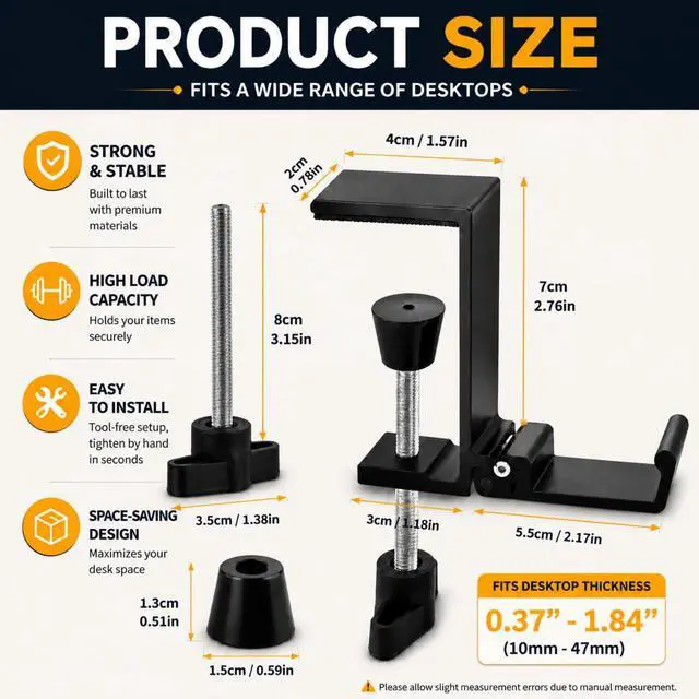 Alt view image 2 of 7 - Headphone Stand for Desk, Aluminum Alloy Foldable Headphone Holder - Headset Stand Hook Mount, PC Gaming Headset Holder Under Desk Clamp for Office, Computer, Student Class Table, Handmade Table