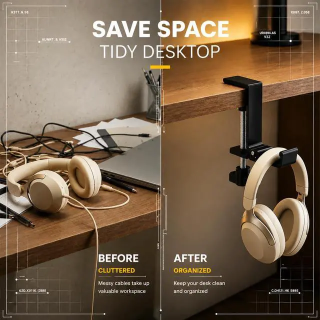 Alt view image 3 of 7 - Headphone Stand for Desk, Aluminum Alloy Foldable Headphone Holder - Headset Stand Hook Mount, PC Gaming Headset Holder Under Desk Clamp for Office, Computer, Student Class Table, Handmade Table