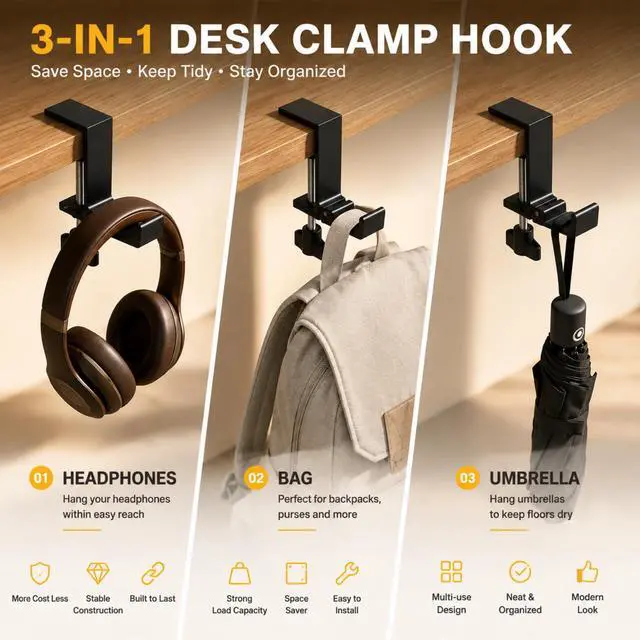 Alt view image 4 of 7 - Headphone Stand for Desk, Aluminum Alloy Foldable Headphone Holder - Headset Stand Hook Mount, PC Gaming Headset Holder Under Desk Clamp for Office, Computer, Student Class Table, Handmade Table
