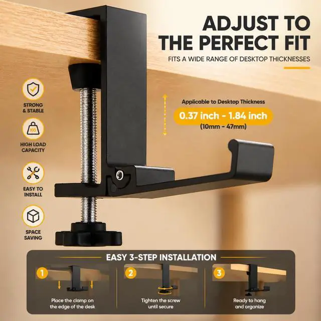 Alt view image 5 of 7 - Headphone Stand for Desk, Aluminum Alloy Foldable Headphone Holder - Headset Stand Hook Mount, PC Gaming Headset Holder Under Desk Clamp for Office, Computer, Student Class Table, Handmade Table