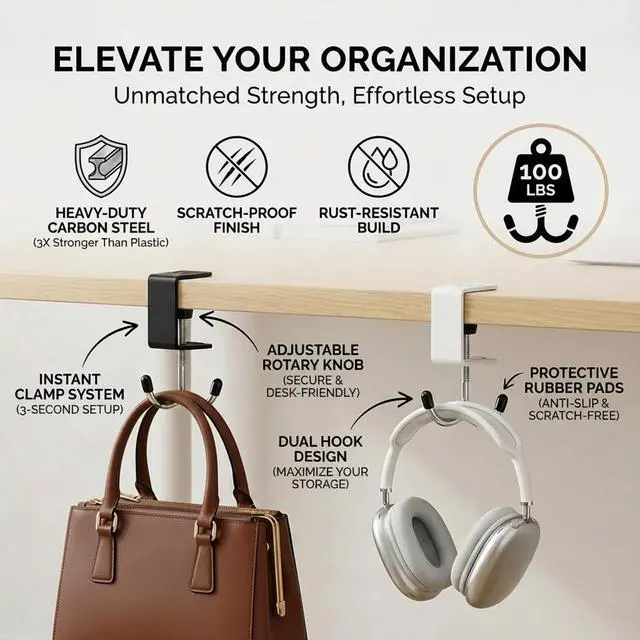Alt view image 3 of 7 - 4 Pack Adjustable Under Desk Hooks (2 Black & 2 White), Universal Bag Hanger Fits Most Table Thickness, 100LB Capacity Heavy-Duty Dual Hook for Purse, Backpack, Office Home