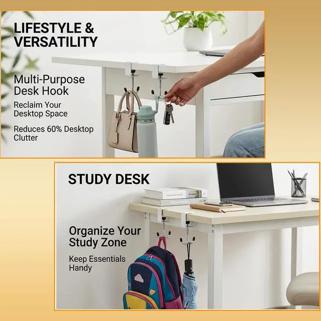 Alt view image 6 of 7 - 4 Pack Adjustable Under Desk Hooks (2 Black & 2 White), Universal Bag Hanger Fits Most Table Thickness, 100LB Capacity Heavy-Duty Dual Hook for Purse, Backpack, Office Home