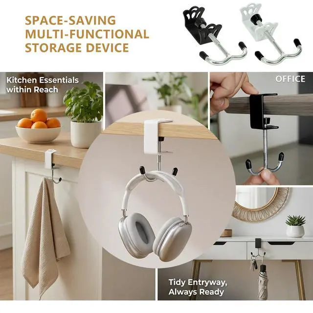 Alt view image 5 of 7 - 4 Pack Adjustable Under Desk Hooks (2 Black & 2 White), Universal Bag Hanger Fits Most Table Thickness, 100LB Capacity Heavy-Duty Dual Hook for Purse, Backpack, Office Home