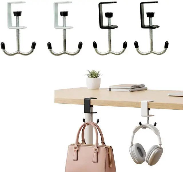 Main image of 4 Pack Adjustable Under Desk Hooks (2 Black & 2 White), Universal Bag Hanger Fits Most Table Thickness, 100LB Capacity Heavy-Duty Dual Hook for Purse, Backpack, Office Home