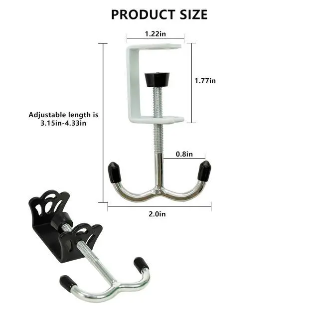 Alt view image 2 of 7 - 4 Pack Adjustable Under Desk Hooks (2 Black & 2 White), Universal Bag Hanger Fits Most Table Thickness, 100LB Capacity Heavy-Duty Dual Hook for Purse, Backpack, Office Home
