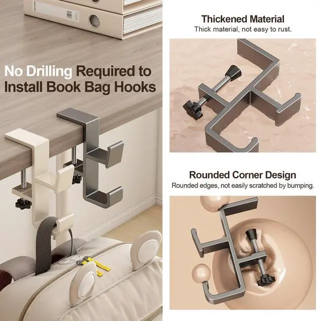 Alt view image 2 of 7 - Desk Hook for Bag, Purse Hook for Table, Under Desk Handbag Hanger, Aluminum Backpack Holder, Desk Mount Hook for Umbrellas, Headphone, Back to School Supplies, Cream
