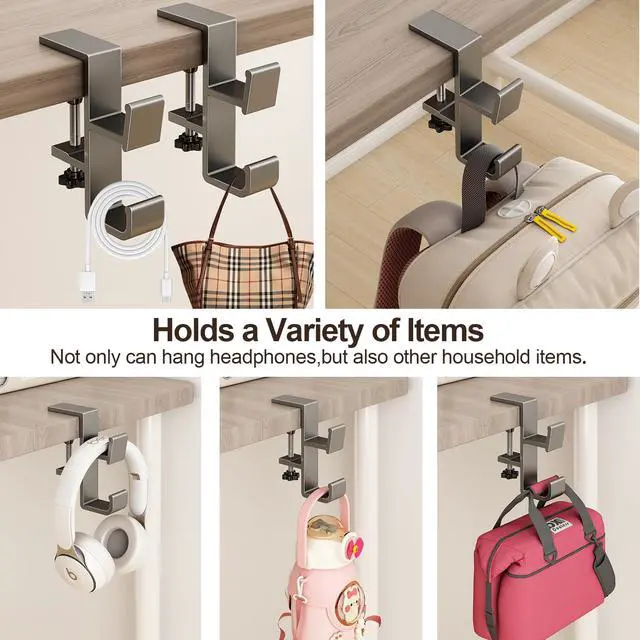 Alt view image 7 of 7 - Desk Hook for Bag, Purse Hook for Table, Under Desk Handbag Hanger, Aluminum Backpack Holder, Desk Mount Hook for Umbrellas, Headphone, Back to School Supplies, Cream