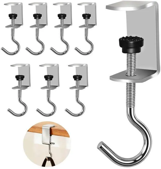 Main image of 8 Pcs Desk Hook, Adjustable Shelf Hooks Heavy-Duty Table Hook Clamp Metal Desk Hanger Hanging Bag Backpack Headphones, Tool-Free Installation Desktop Mounting Hook (Sliver 8 Pcs)