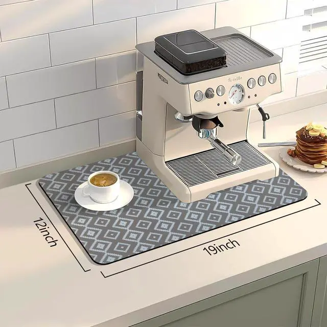 Alt view image 2 of 6 - Dish Drying Mat, 12"x19" Absorbent Coffee Bar Mat with Waterproof Rubber Back, Fit Under Coffee Maker Machine/Kitchen Counter(Gray-White Plaid)