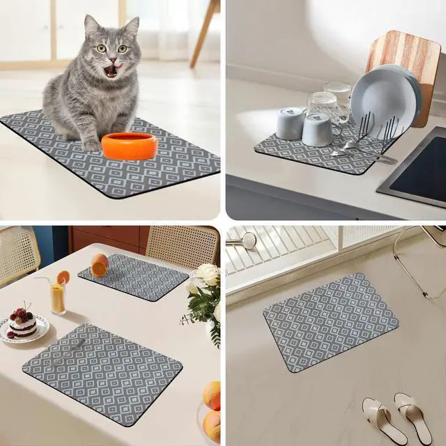 Alt view image 4 of 6 - Dish Drying Mat, 12"x19" Absorbent Coffee Bar Mat with Waterproof Rubber Back, Fit Under Coffee Maker Machine/Kitchen Counter(Gray-White Plaid)