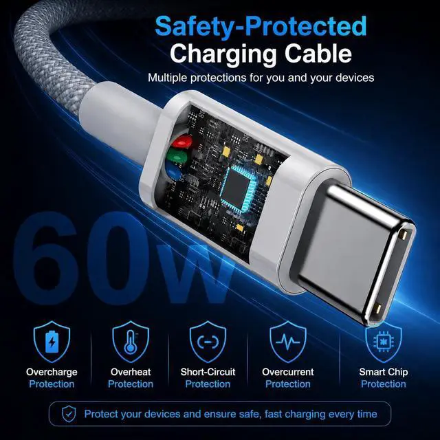 Alt view image 4 of 7 - 60W USB C to USB C Cable 6.6FT, Nylon Braided New iPhone Charger Cable Fast Charging Type C Fast USB C Charger Cable for iPhone 17 16 15 Pro Max Plus, MacBook Pro Air, iPad Pro/Air, Samsung Galaxy