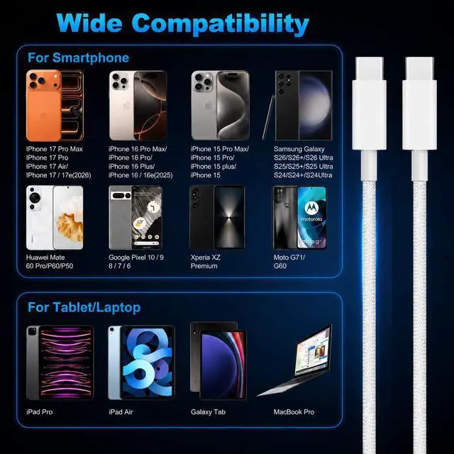 Alt view image 6 of 7 - 60W USB C to USB C Cable 6.6FT, Nylon Braided New iPhone Charger Cable Fast Charging Type C Fast USB C Charger Cable for iPhone 17 16 15 Pro Max Plus, MacBook Pro Air, iPad Pro/Air, Samsung Galaxy