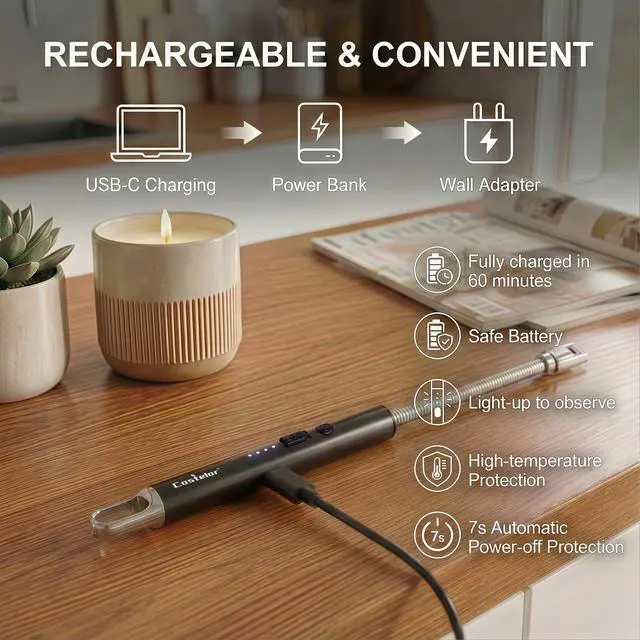 Alt view image 3 of 7 - Electric Candle Lighter with Long Flexible Neck, USB Rechargeable Arc Lighter with Safety Lock for Candle, BBQ, Camping, Housewarming, and Birthday Gifts
