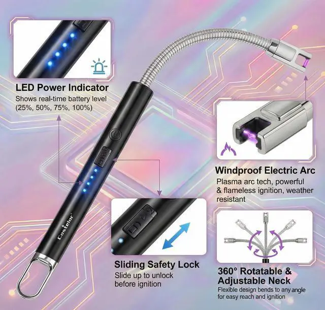 Alt view image 5 of 7 - Electric Candle Lighter with Long Flexible Neck, USB Rechargeable Arc Lighter with Safety Lock for Candle, BBQ, Camping, Housewarming, and Birthday Gifts