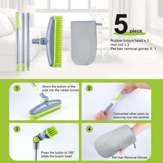 Alt view image 4 of 6 - 180°Rotating Head Rubber Broom with Squeegee for Pet Hair Removal - 51" Iron Handle Fur Remover Rake Brush for Carpet, Hardwood & Tile Floors, Includes Pet Hair Removal Gloves (Green)