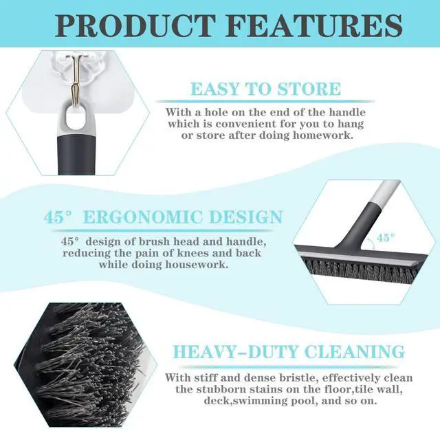Alt view image 4 of 7 - Floor Scrub Brush with Long Handle - Adjustable Handle 2 in 1 Scrape and Heavy-Duty Stiff Bristle Floor Scrubber Brush for Cleaning Bathroom, Kitchen Patio Tile Garage and Deck