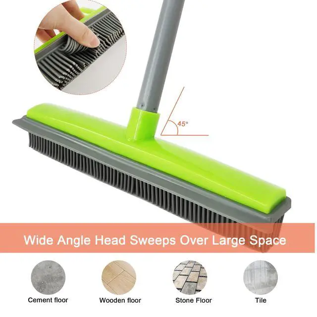Alt view image 2 of 7 - Push Broom Pet Hair Removal Broom with Squeegee,Soft Silicone Bristle Broom with Long Handle, Non Scratch Carpet Sweeper Brush for Cat/Dog Hair Hardwood Tile Windows(Green)