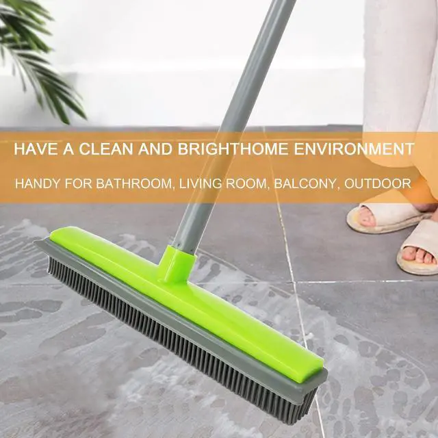 Alt view image 3 of 7 - Push Broom Pet Hair Removal Broom with Squeegee,Soft Silicone Bristle Broom with Long Handle, Non Scratch Carpet Sweeper Brush for Cat/Dog Hair Hardwood Tile Windows(Green)