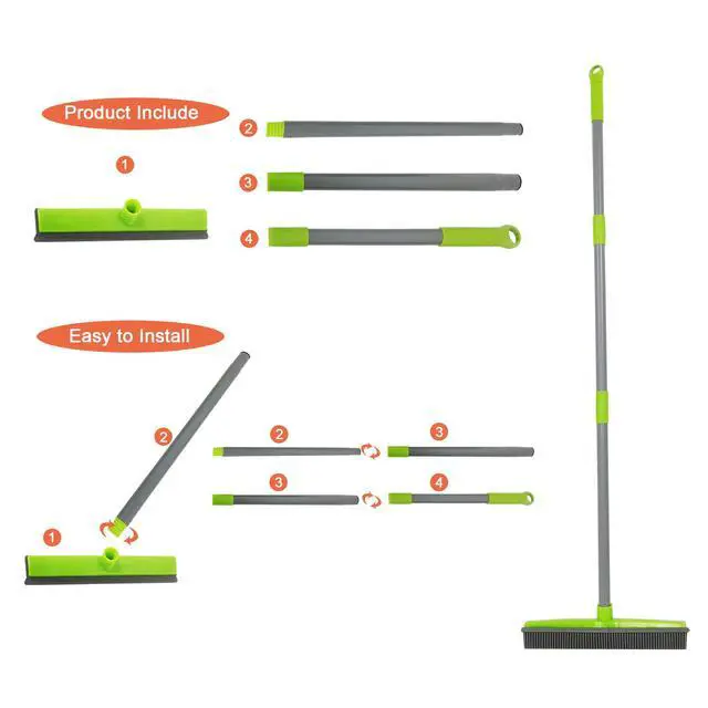 Alt view image 4 of 7 - Push Broom Pet Hair Removal Broom with Squeegee,Soft Silicone Bristle Broom with Long Handle, Non Scratch Carpet Sweeper Brush for Cat/Dog Hair Hardwood Tile Windows(Green)