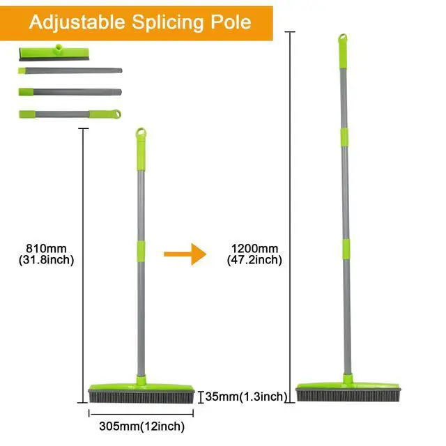 Alt view image 6 of 7 - Push Broom Pet Hair Removal Broom with Squeegee,Soft Silicone Bristle Broom with Long Handle, Non Scratch Carpet Sweeper Brush for Cat/Dog Hair Hardwood Tile Windows(Green)