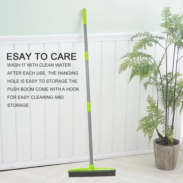 Alt view image 5 of 7 - Push Broom Pet Hair Removal Broom with Squeegee,Soft Silicone Bristle Broom with Long Handle, Non Scratch Carpet Sweeper Brush for Cat/Dog Hair Hardwood Tile Windows(Green)