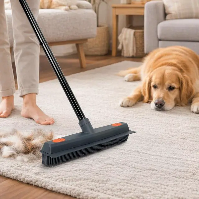 Alt view image 2 of 7 - Pet Hair Removal Broom on Carpet, Rubber Broom for Hardwood Floor - Fur Remover Broom with Squeegee