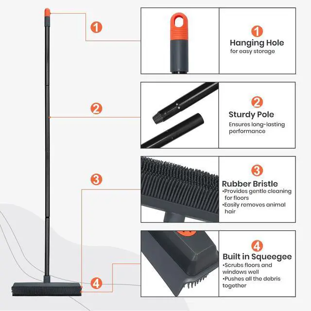 Alt view image 4 of 7 - Pet Hair Removal Broom on Carpet, Rubber Broom for Hardwood Floor - Fur Remover Broom with Squeegee