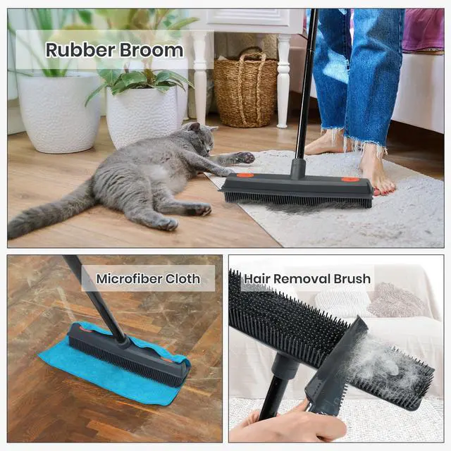 Alt view image 5 of 7 - Pet Hair Removal Broom on Carpet, Rubber Broom for Hardwood Floor - Fur Remover Broom with Squeegee