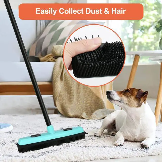 Alt view image 2 of 7 - Rubber Broom Carpet Rake for Pet Hair Removal, Fur Remover Broom with 59" Telescoping Long Handle, Pet Hair Broom with Squeegee for Carpet, Hardwood Floor, Tile