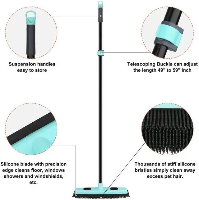 Alt view image 5 of 7 - Rubber Broom Carpet Rake for Pet Hair Removal, Fur Remover Broom with 59" Telescoping Long Handle, Pet Hair Broom with Squeegee for Carpet, Hardwood Floor, Tile