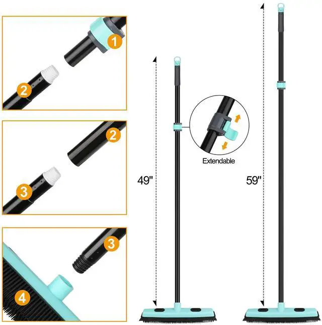 Alt view image 6 of 7 - Rubber Broom Carpet Rake for Pet Hair Removal, Fur Remover Broom with 59" Telescoping Long Handle, Pet Hair Broom with Squeegee for Carpet, Hardwood Floor, Tile