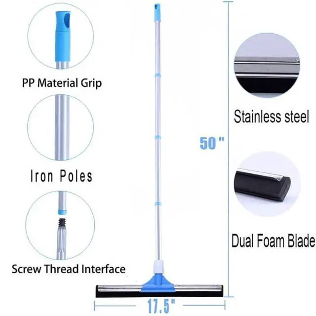 Alt view image 4 of 6 - Floor Squeegee for Concrete Floor - 50" Squeegee Broom with Long Handle for Tile Floor, Heavy Duty Foam Floor Water Wiper for Garage, Shower, Kitchen, Windows, Glass, Carpet and Pet Hair