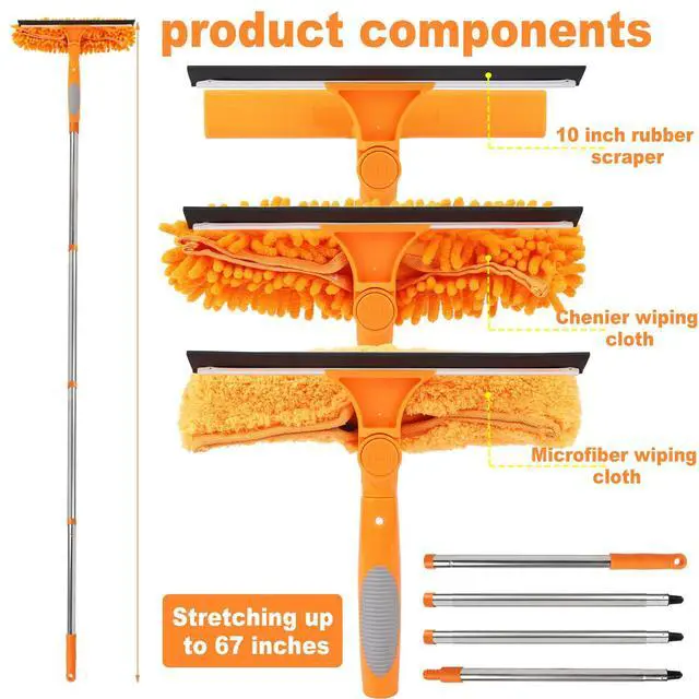 Alt view image 3 of 7 - Professional 67" Window Squeegee, 3-in-1 Rotatable Squeegee for Window Cleaning with Extension Poles, Window Cleaner Tool Kit for Indoor & Outdoor High Windows and Car Glass