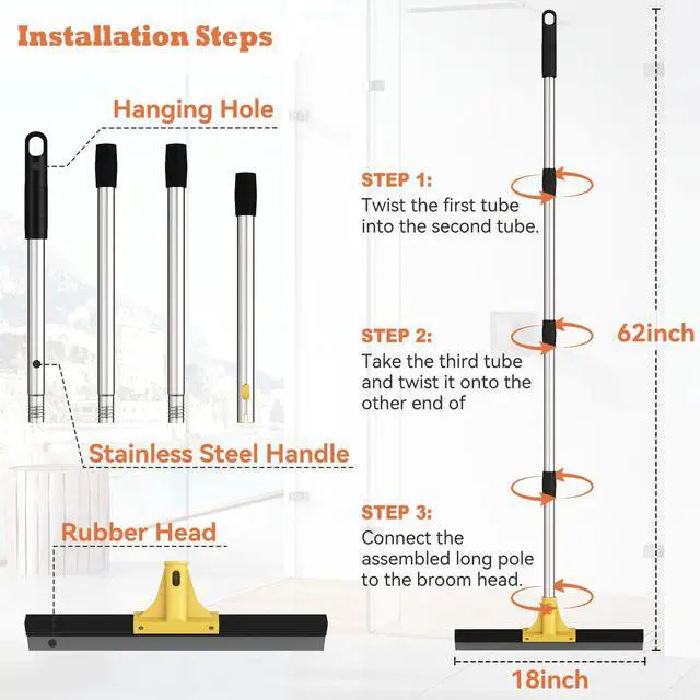 Alt view image 7 of 7 - Large Heavy-Duty Floor Squeegee, 18 Rubber Blade Broom & 62 Long Handle Floor Squeegee for Concrete, Bathroom Tile, Garage Concrete, Deck, Shower Glass, Window Cleaning