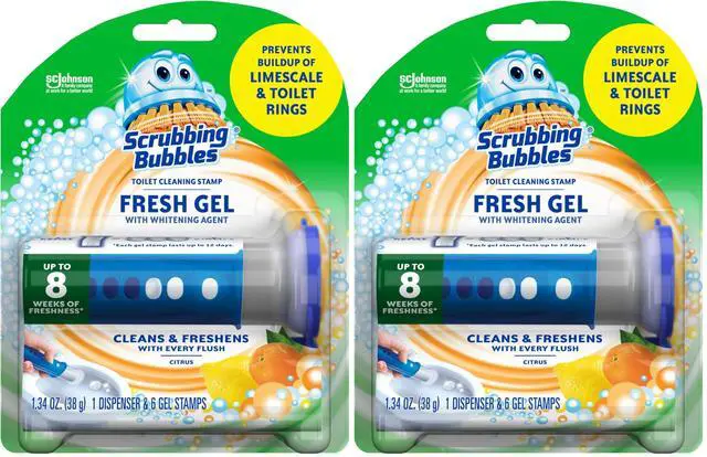 Main image of Fresh Gel Toilet Bowl Cleaning Stamps, Helps Keep Toilet Clean and Helps Prevent Limescale & Rings, Citrus Scent, 1 Dispenser with 6 Fresh Gel Stamps (Pack of 2)